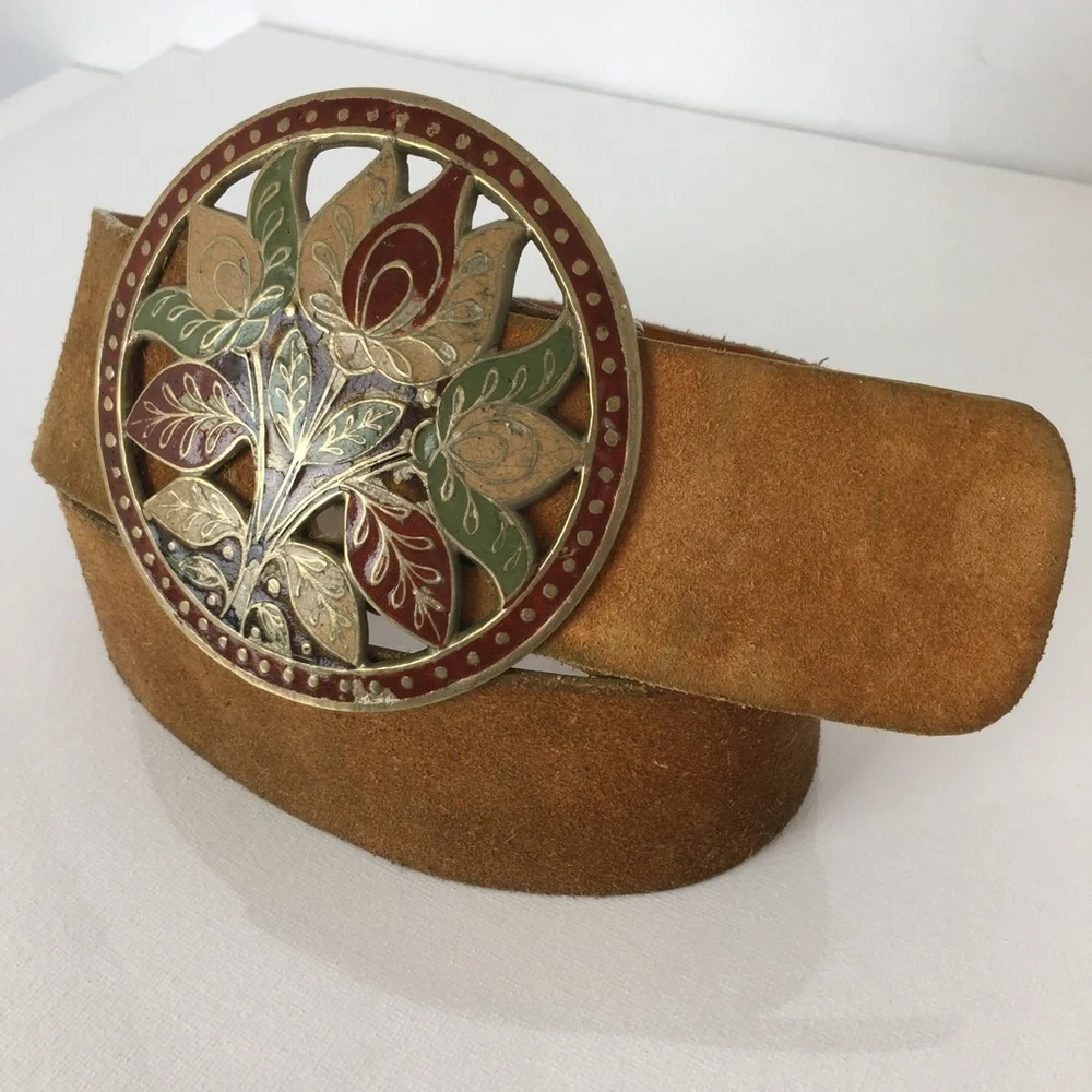 Rare 70s Vintage Leather Belt Brown Round Floral Enamel Buckle Retro Boho